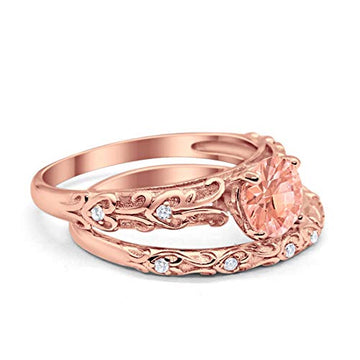 Art Deco Two Piece Wedding Ring Rose Tone, Simulated Morganite CZ 925 Sterling Silver